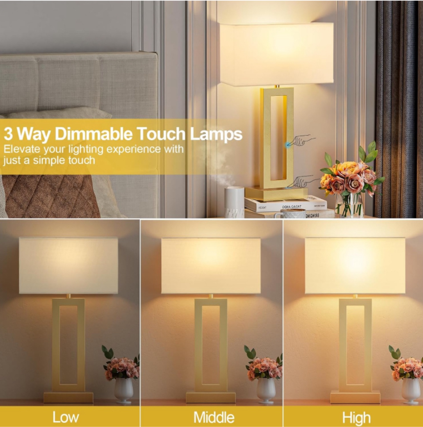 22” Seealle 3 Way touch table lamps with USB- Set of 2 - New - photo 3