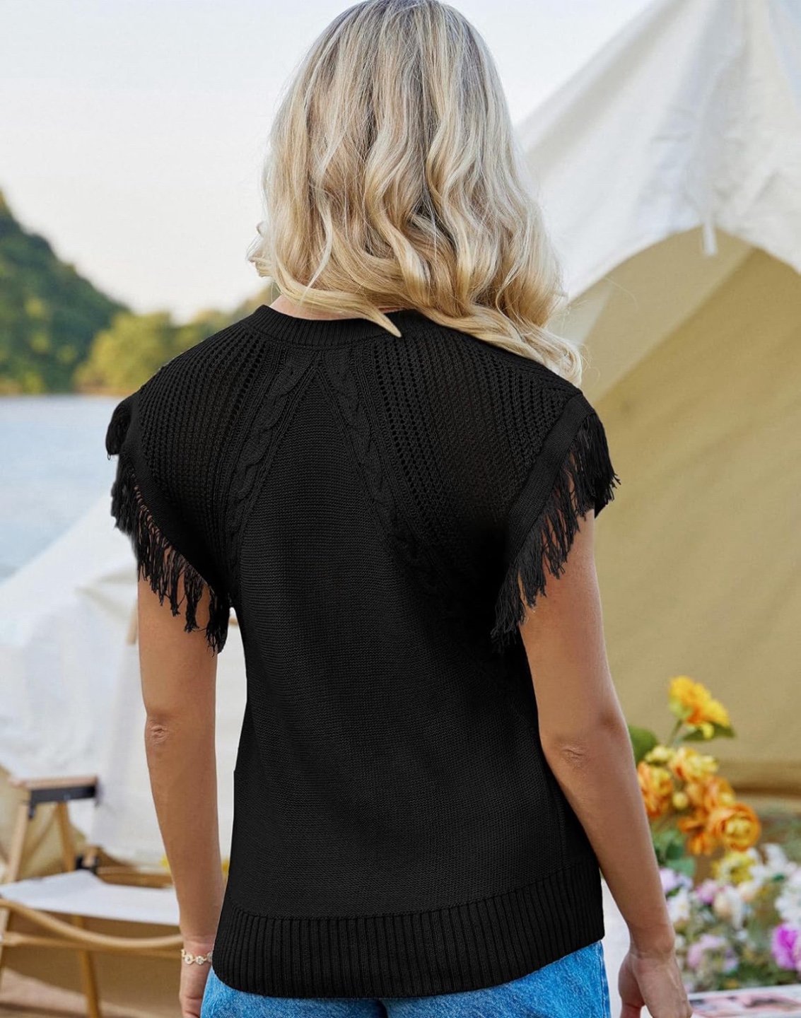 NEW! GRACE KARIN Crew Neck Knitted Black Fringe Sleeve Sweater - photo 5