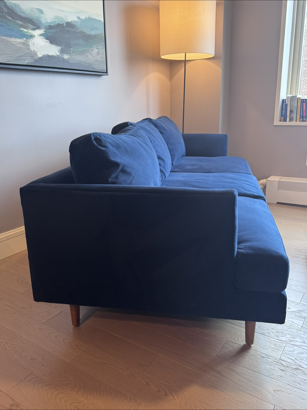West Elm Haven Sofa – Velvet Blue – 86” – Like New - photo 2