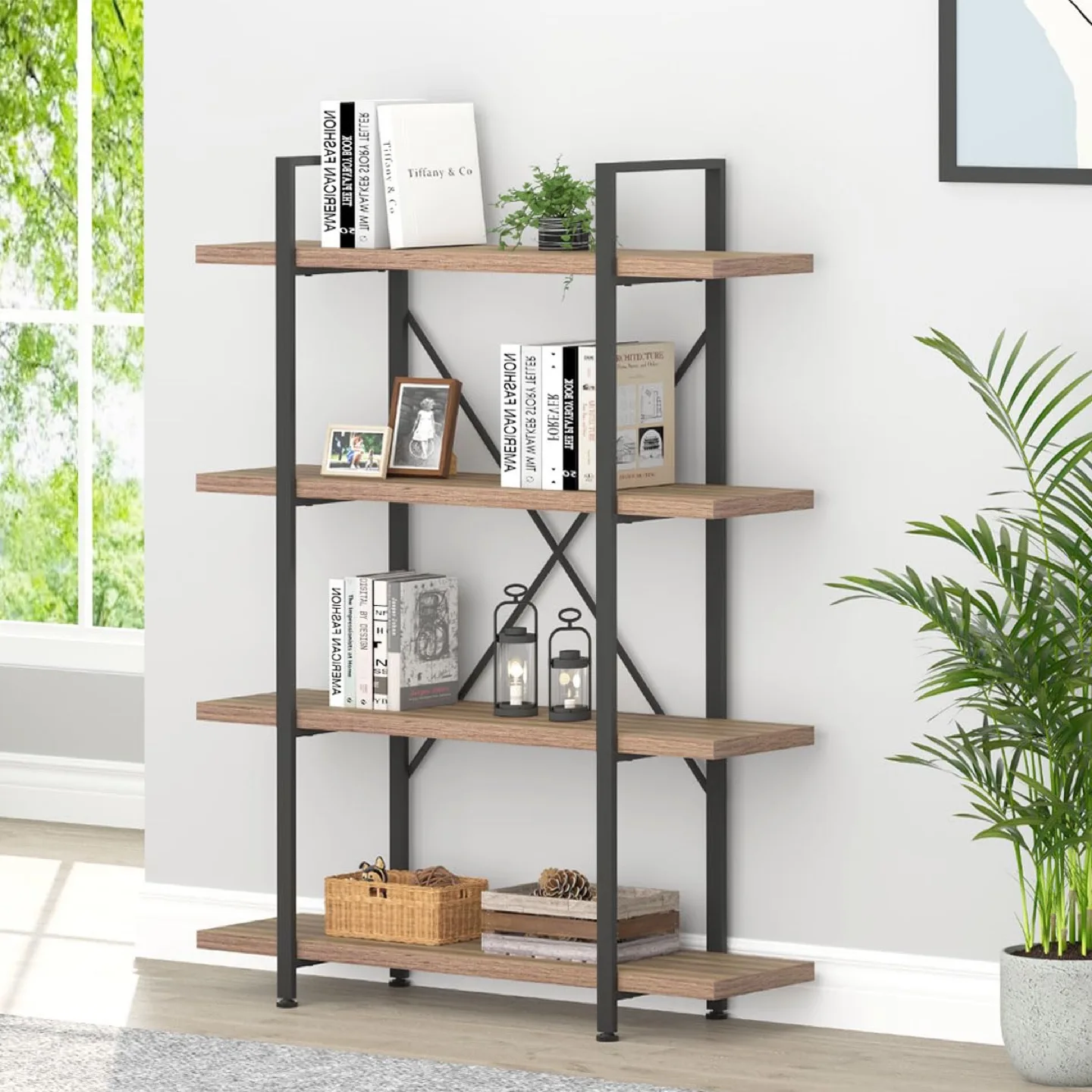 New HSH Industrial 4 Tier Bookshelf, Wood 4 Shelf Bookcase thumbnail