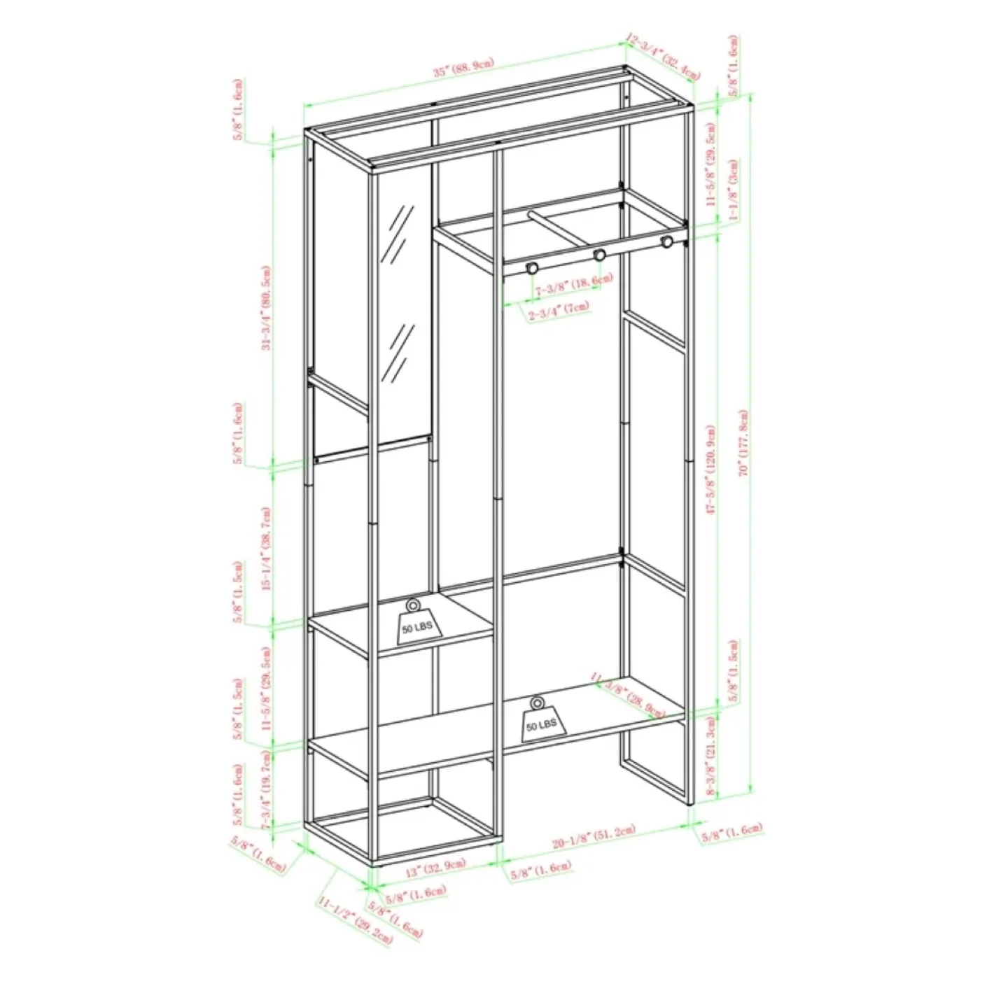 70" Wood Hall Tree with Mirror in Rustic Oak image indicator(4)
