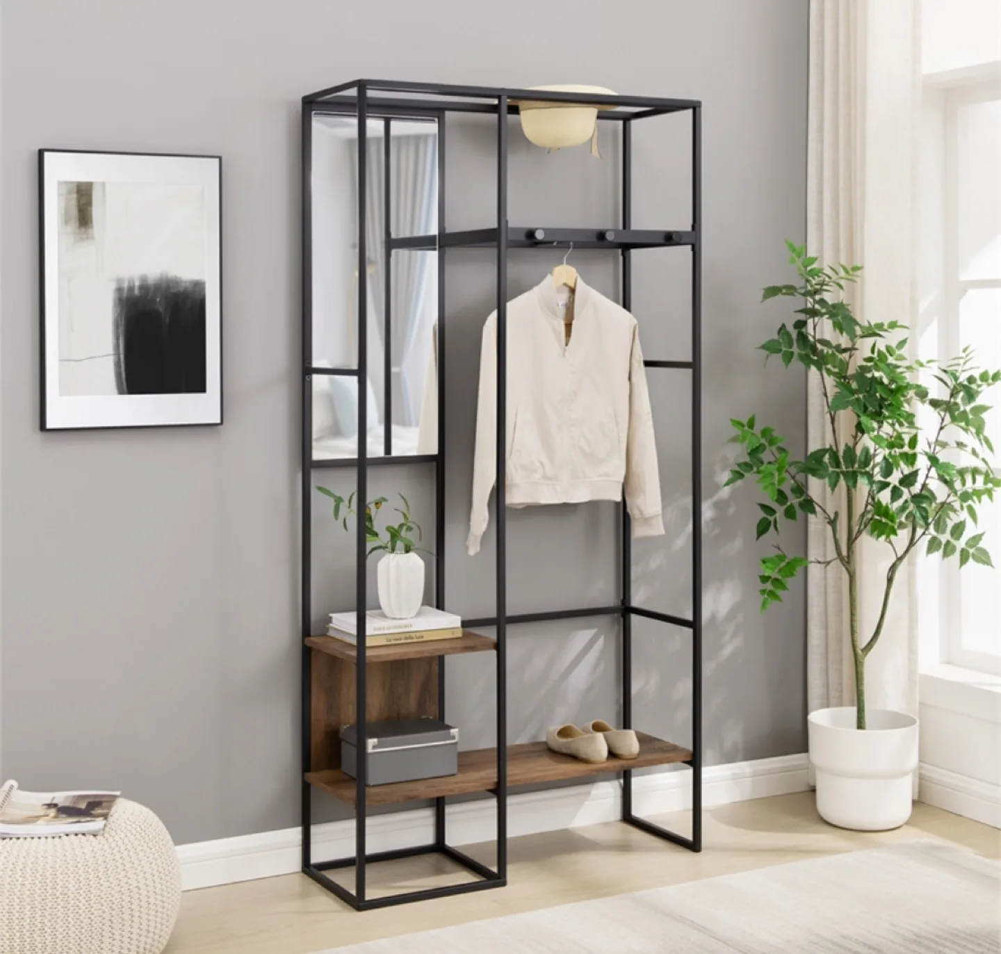 70" Wood Hall Tree with Mirror in Rustic Oak image indicator(3)