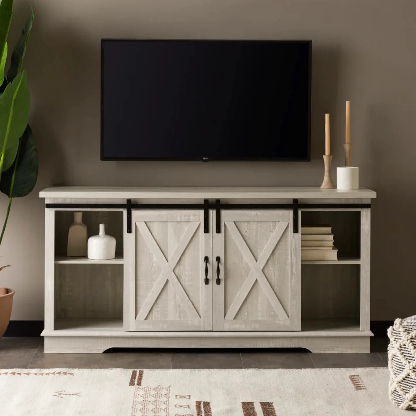 Farmhouse Sliding Barn Door TV Stand in Stone Grey image indicator(3)