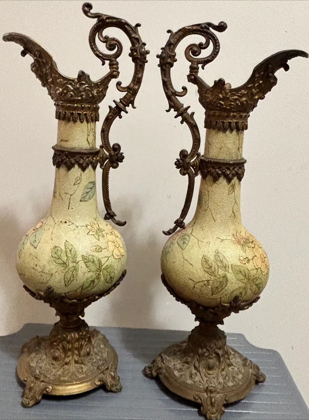 1920s Pair of Ornate Metal Ewers thumbnail