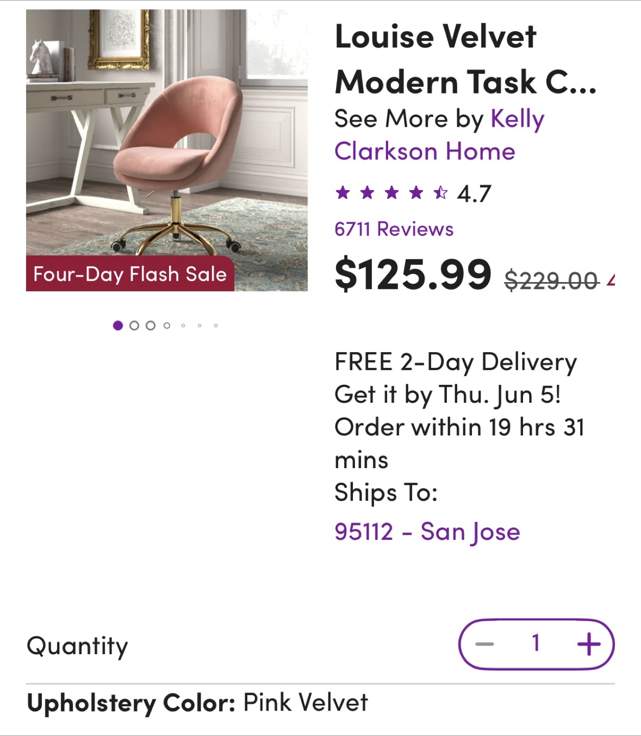 Pink Velvet Modern Task Chair