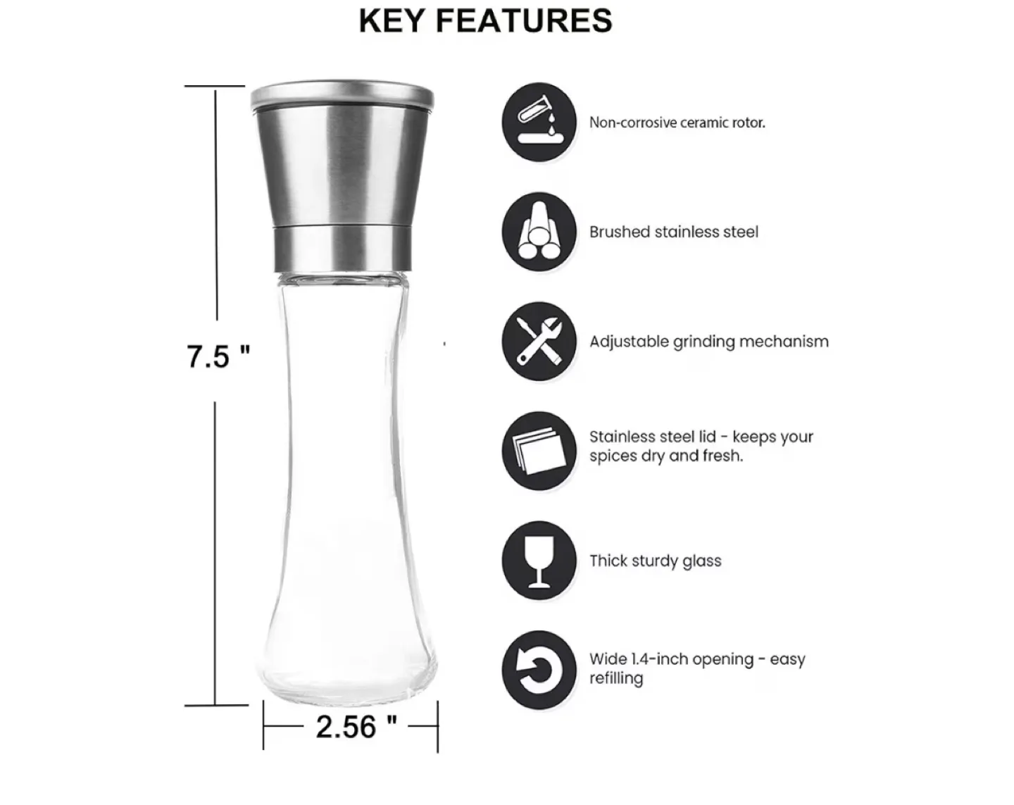 Pepper Grinder, Stainless Steel, Glass Bottle image indicator(4)