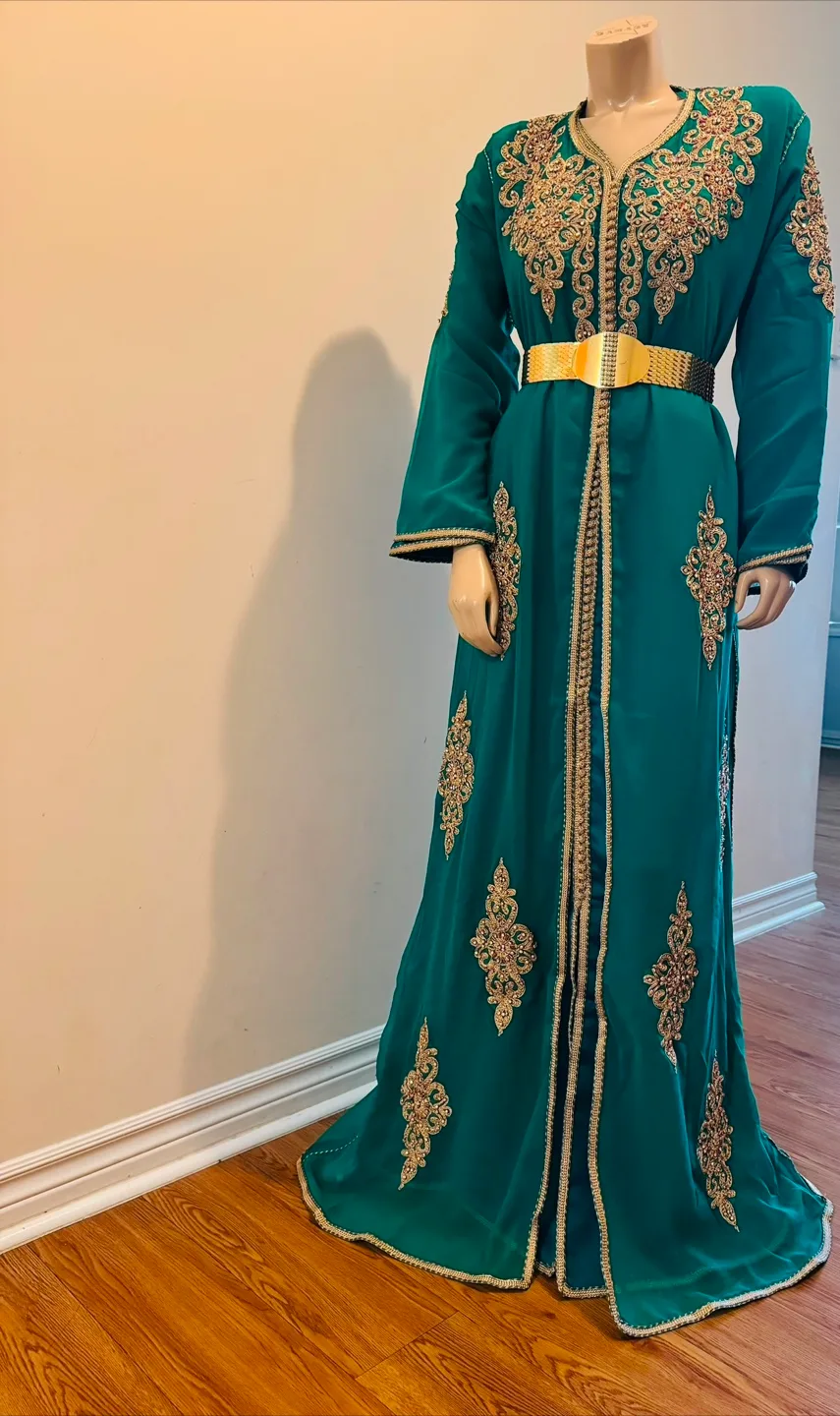 Emerald Green Caftan with Gold Embellishments thumbnail