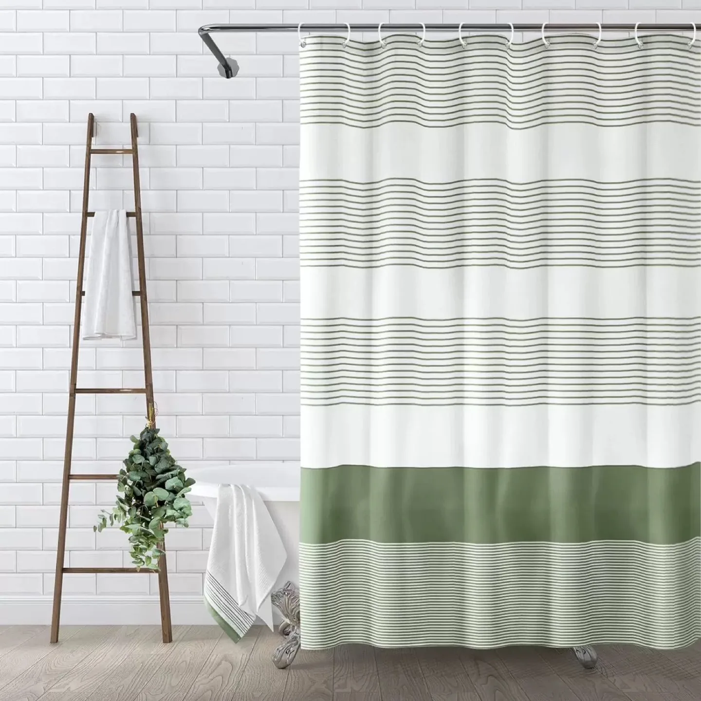 Green Striped Shower Curtain image indicator(2)