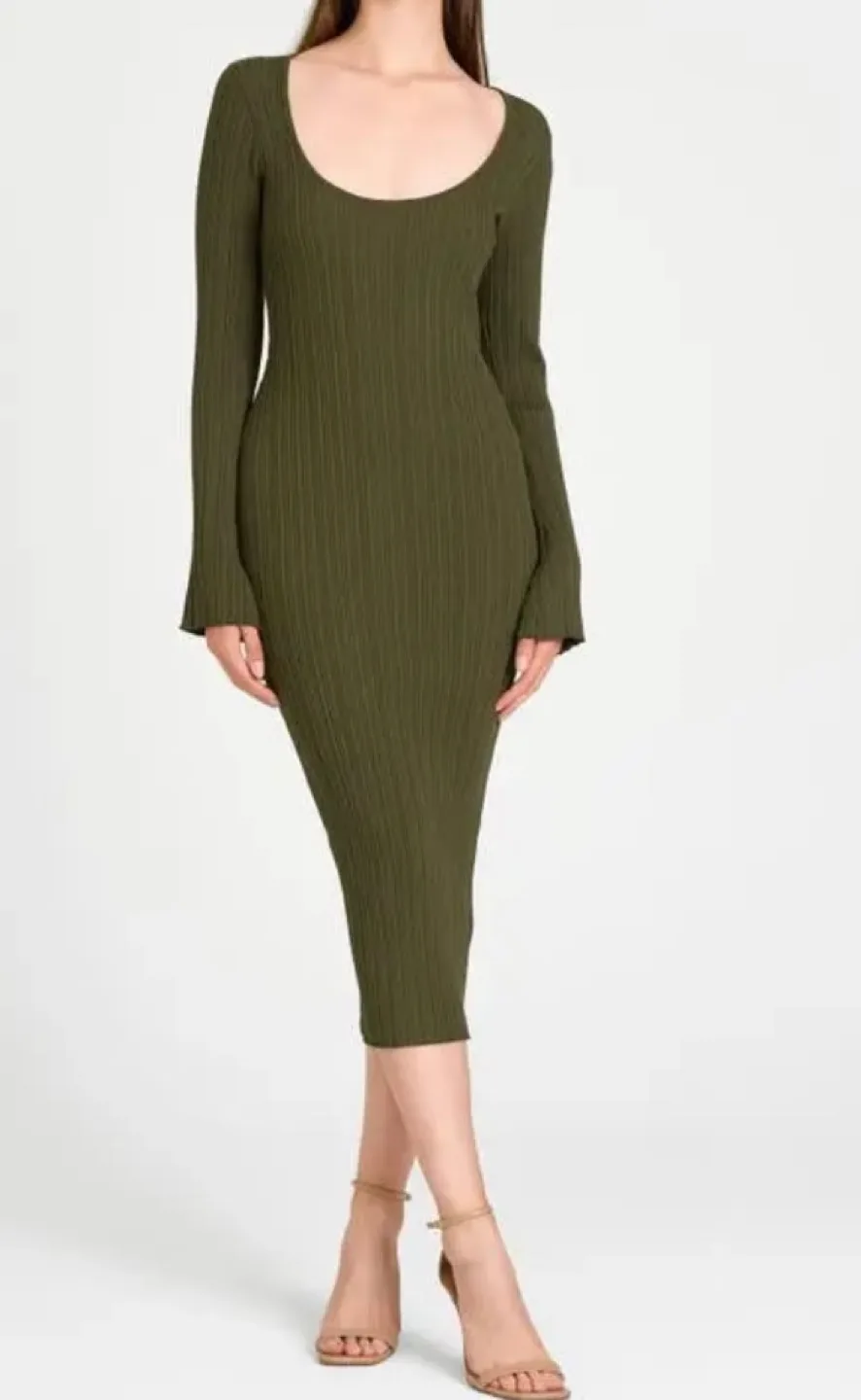 Wayf Olive Green Ribbed Midi Dress thumbnail