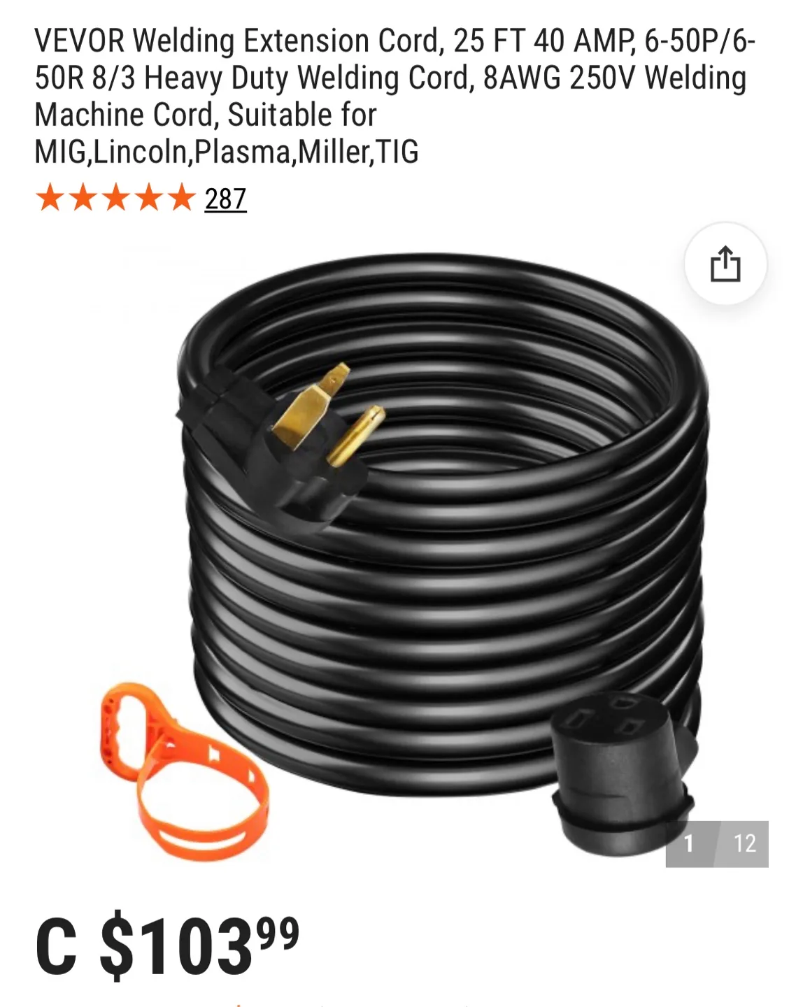 VEVOR Welding Extension Cord - 25 FT thumbnail