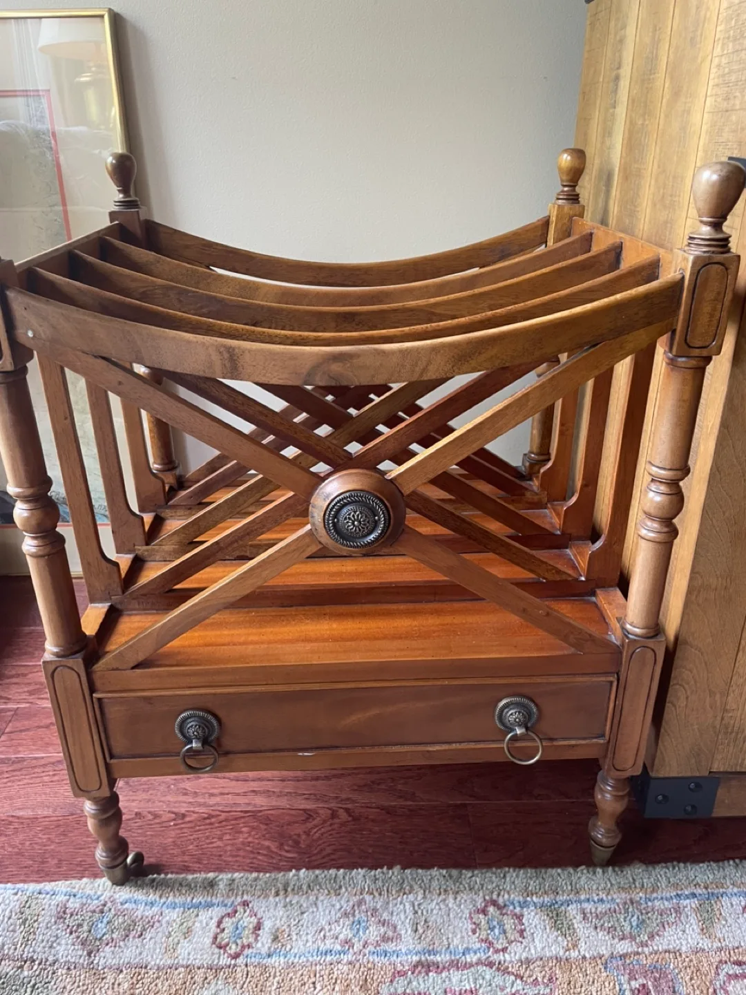 Vintage Wooden Canterbury Magazine Rack with Drawer thumbnail