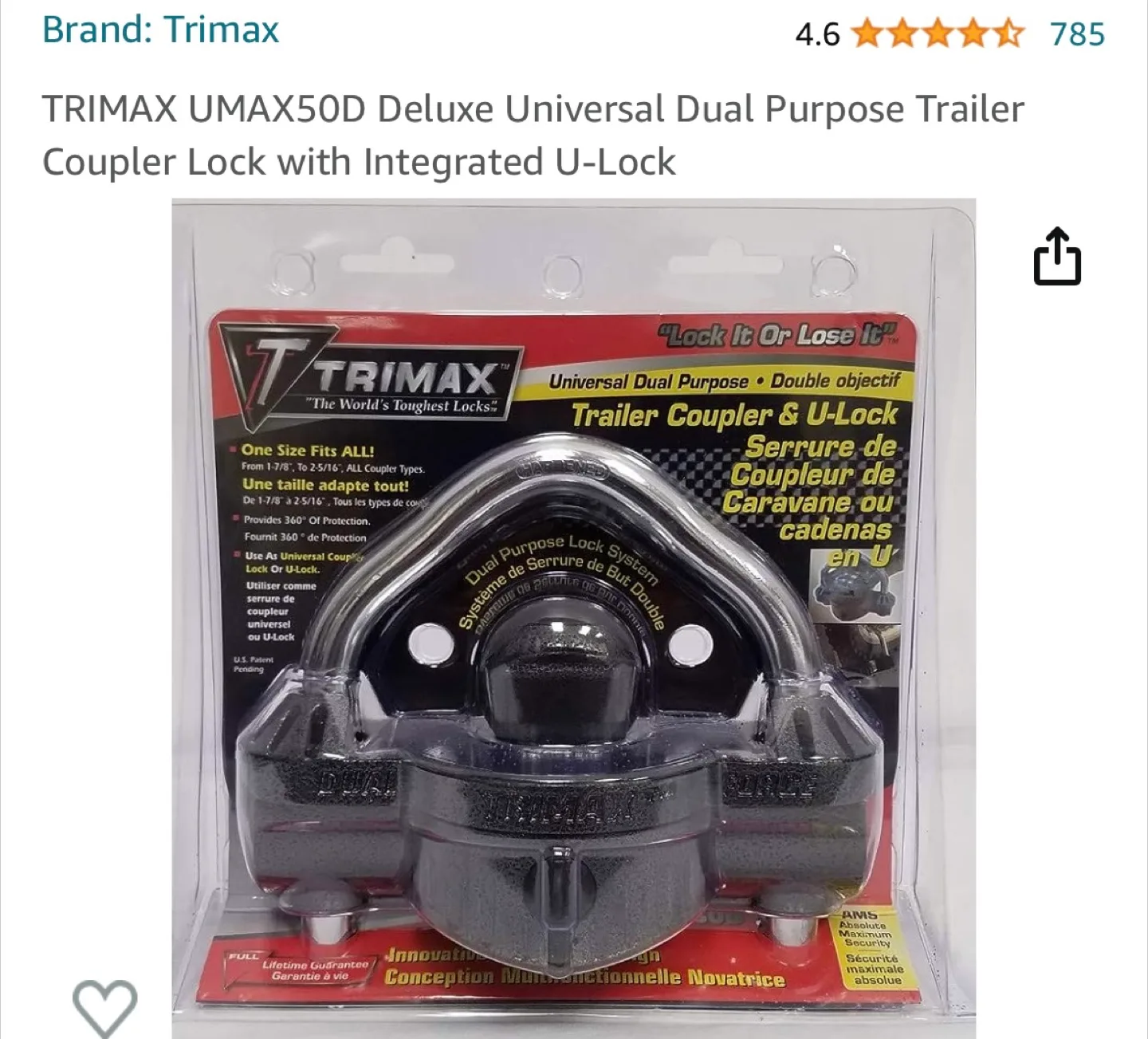 TRIMAX UMAX50D Deluxe Trailer Coupler Lock thumbnail