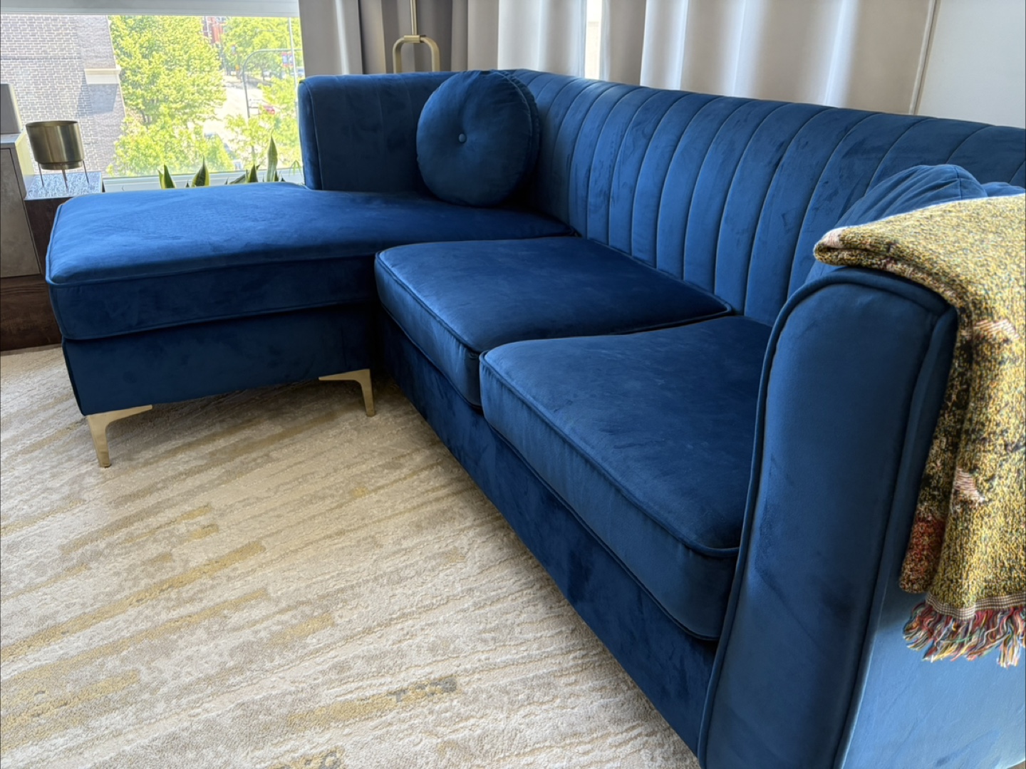 Blue Velvet Sectional Couch - photo 2