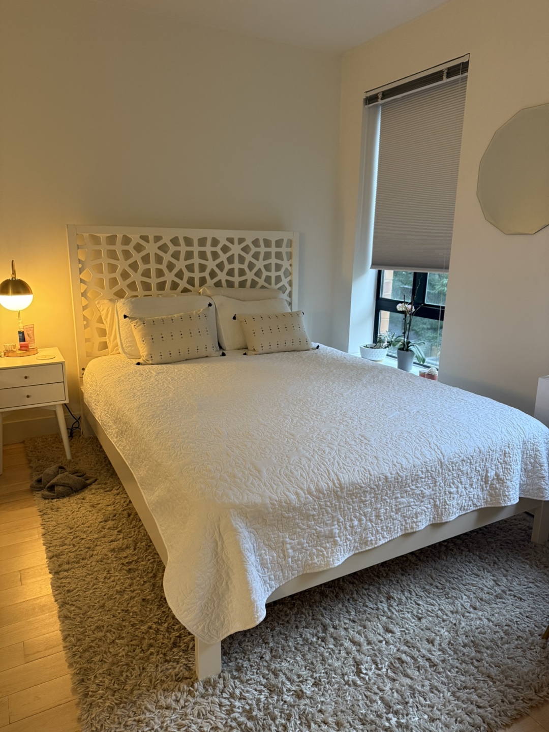 West Elm White Bed Frame with Carved Headboard