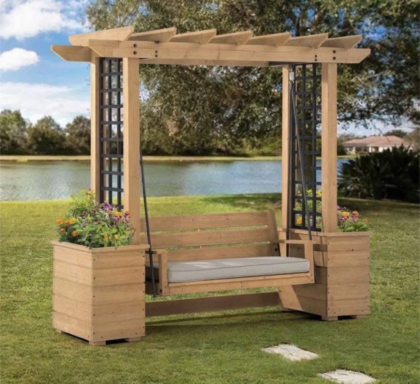 Wooden Pergola Swing With Planters thumbnail