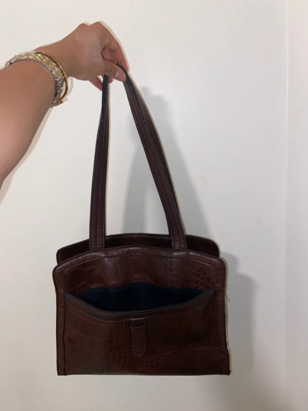 Brown Crocodile-Embossed Shoulder Bag thumbnail