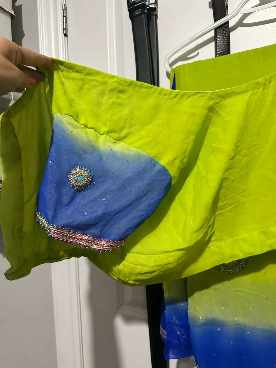 Vibrant Green and Blue Sari with Embellishments thumbnail