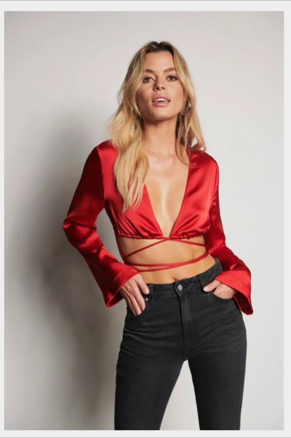 DYNAMITE - Callie Wrap Satin Crop Blouse - M thumbnail