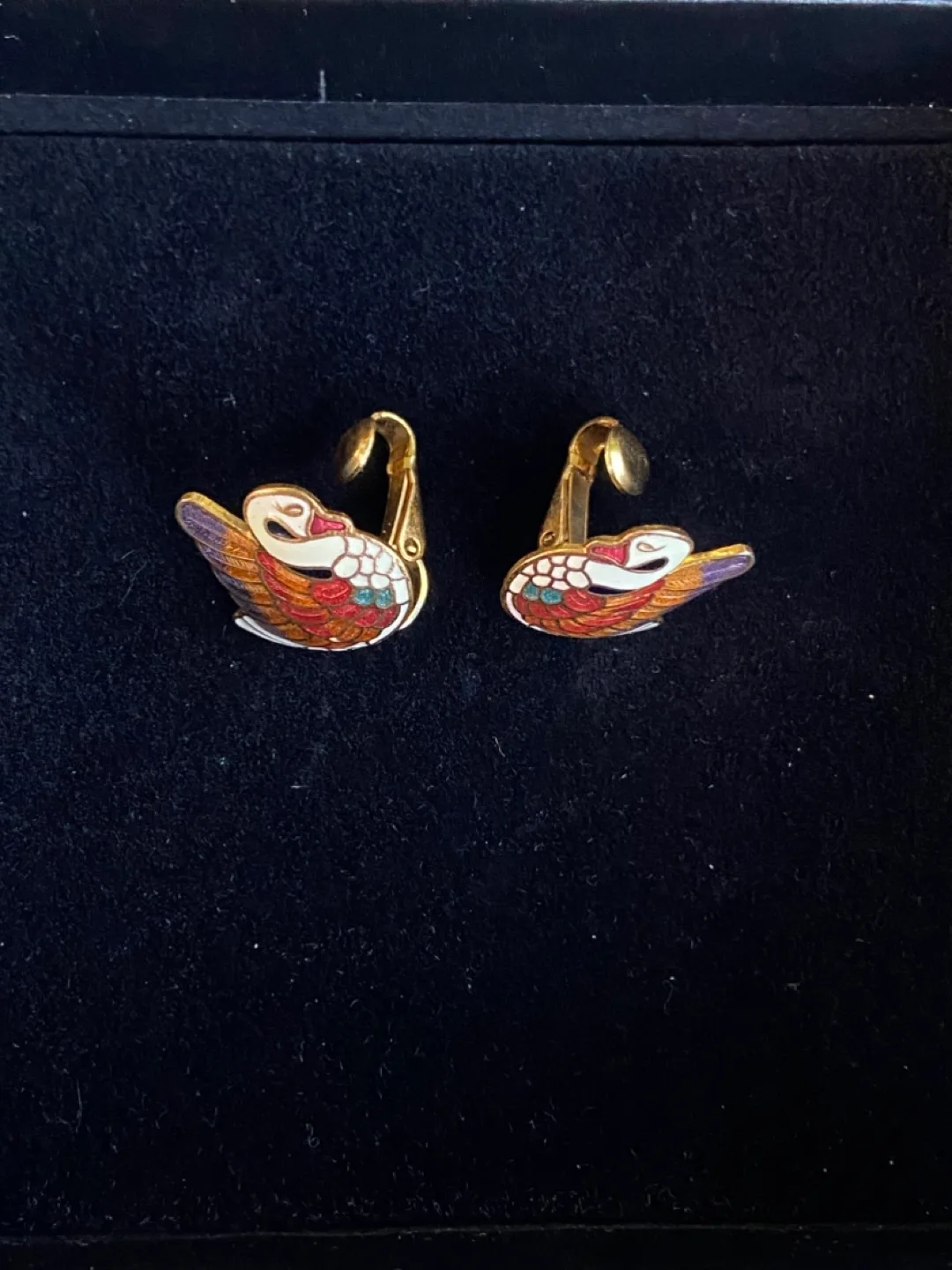 Vintage Cloisonné Swan Clip Earrings -- Hand Painted image indicator(3)