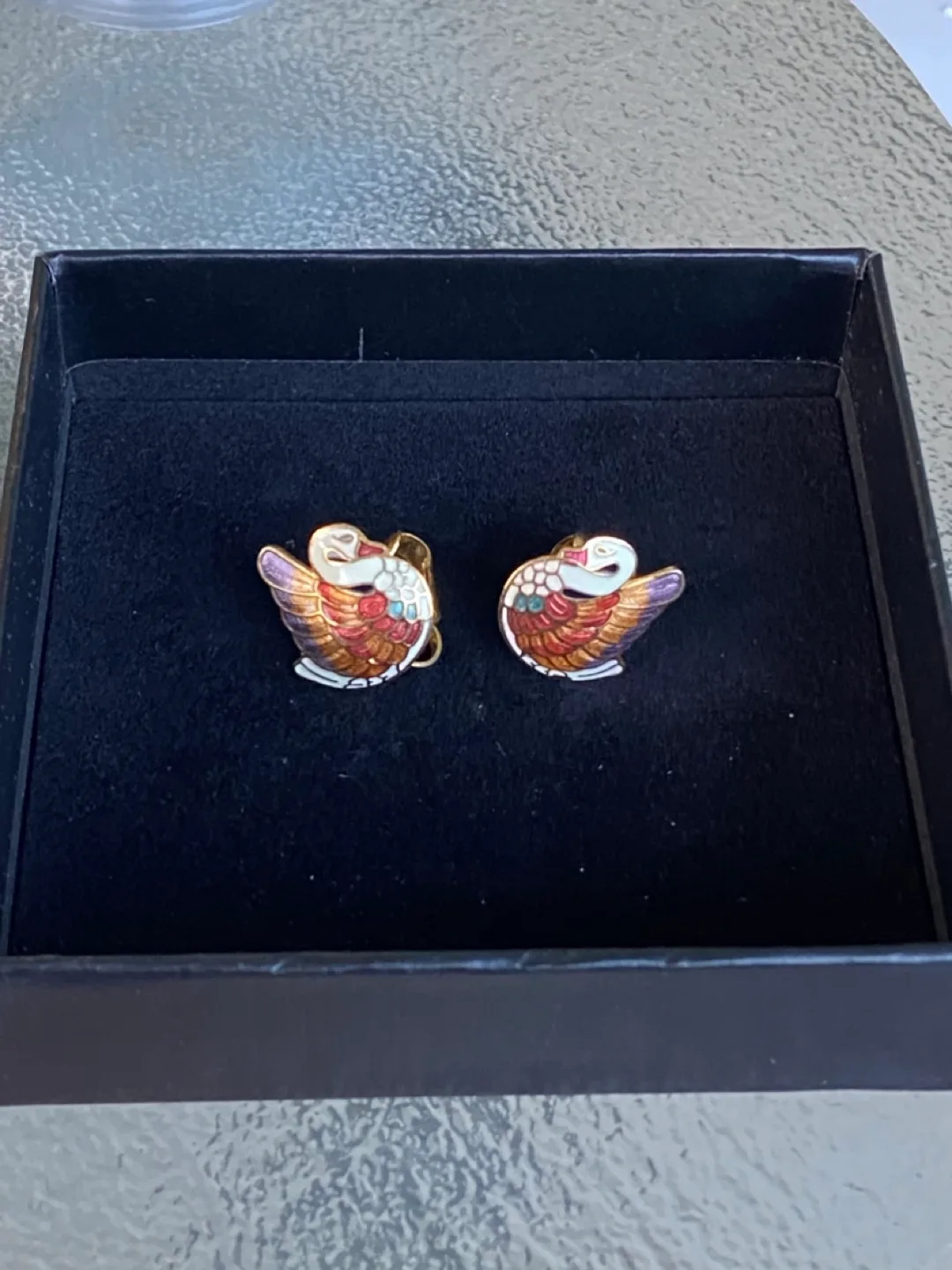 Vintage Cloisonné Swan Clip Earrings -- Hand Painted thumbnail