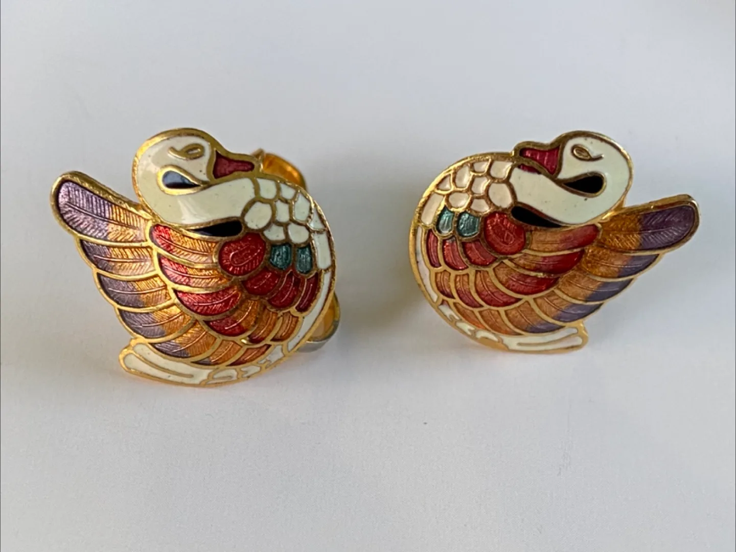 Vintage Cloisonné Swan Clip Earrings -- Hand Painted image indicator(2)