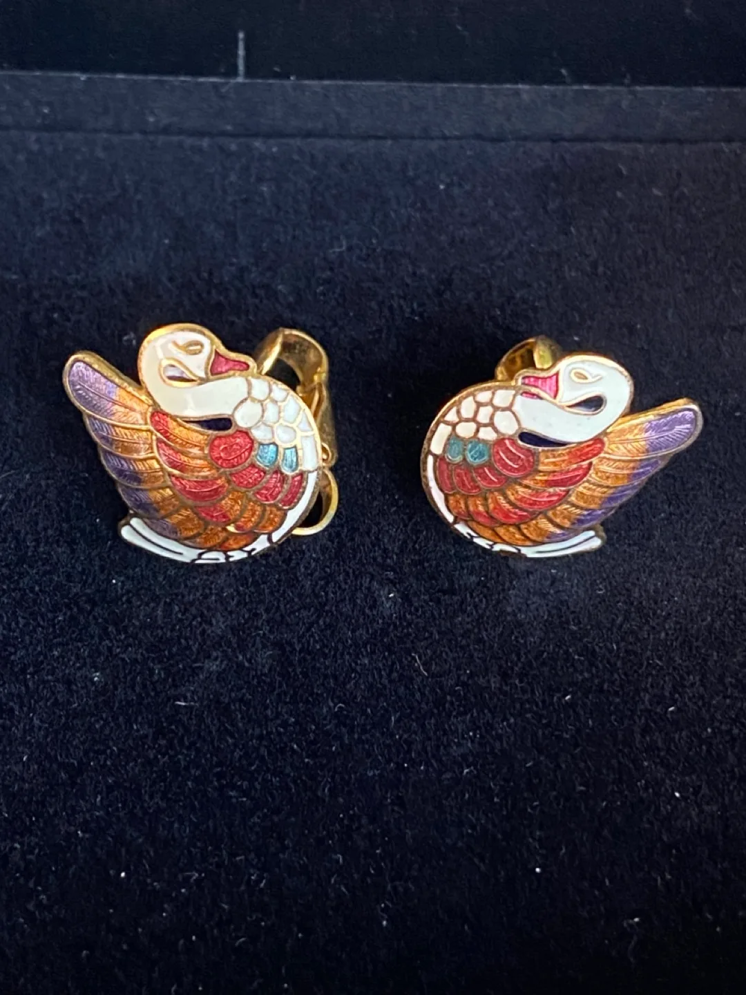 Vintage Cloisonné Swan Clip Earrings -- Hand Painted image indicator(4)