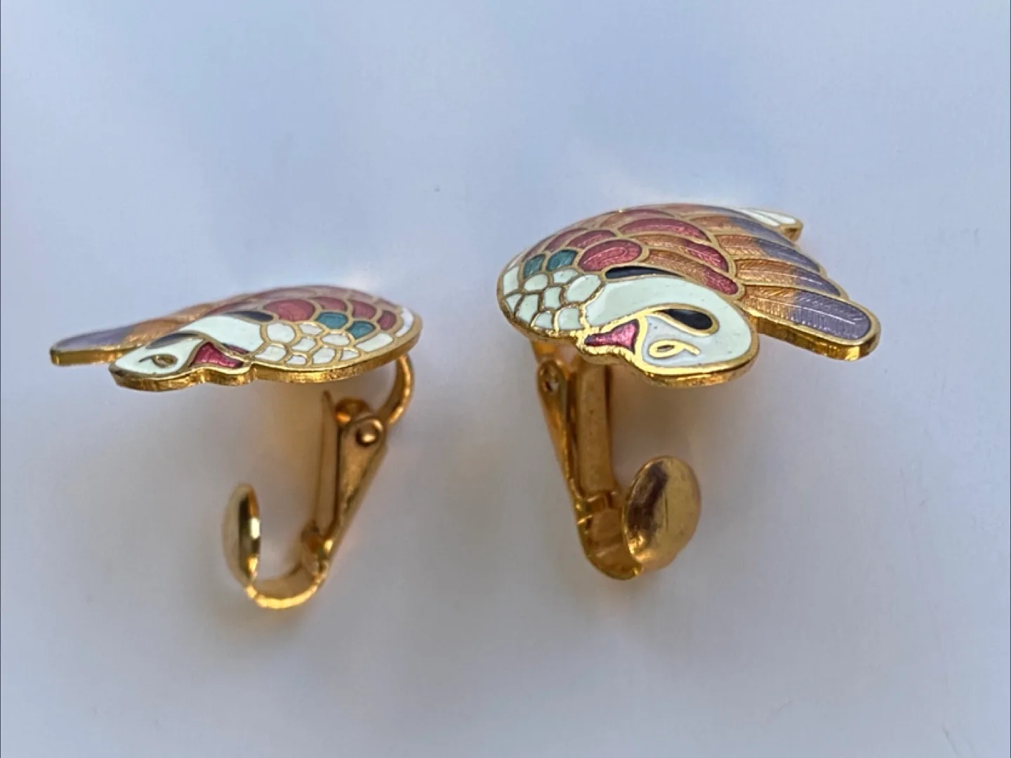 Vintage Cloisonné Swan Clip Earrings -- Hand Painted image indicator(5)