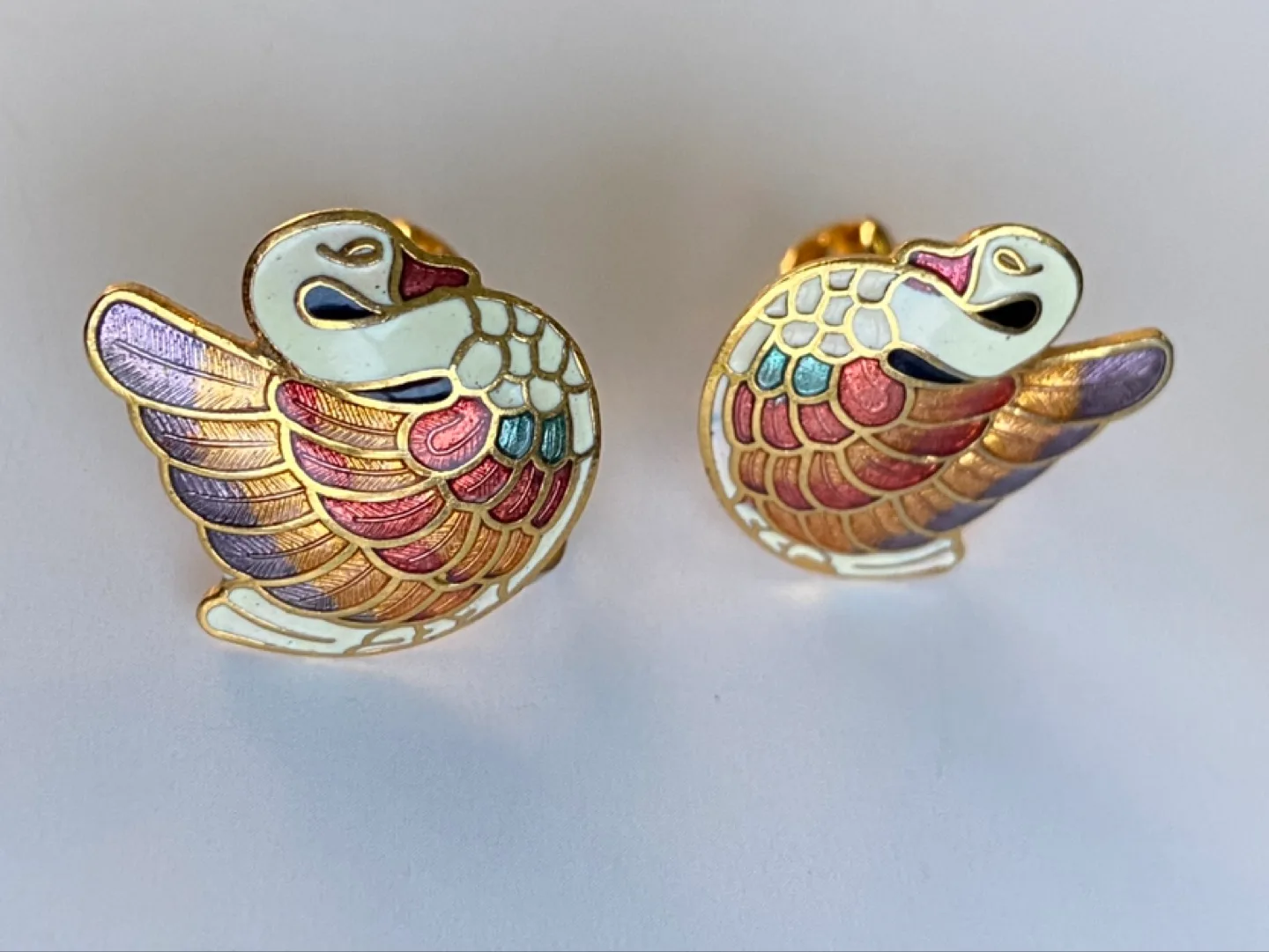 Vintage Cloisonné Swan Clip Earrings -- Hand Painted image indicator(6)