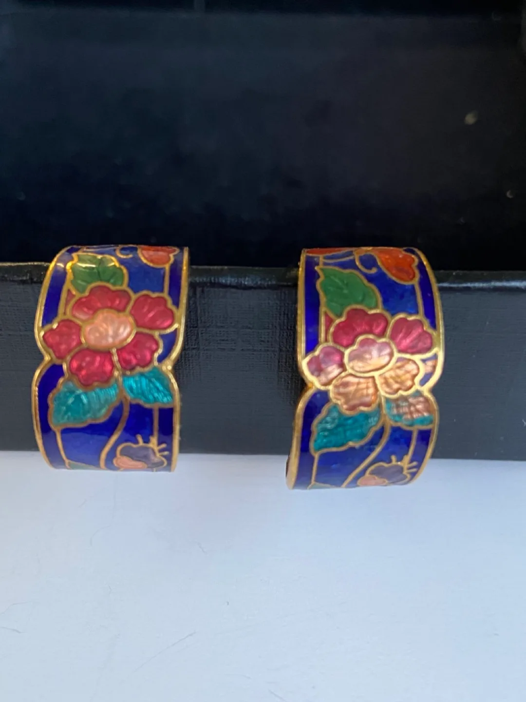 Vintage Cloisonné Floral Pierce Earrings -- Hand Painted thumbnail