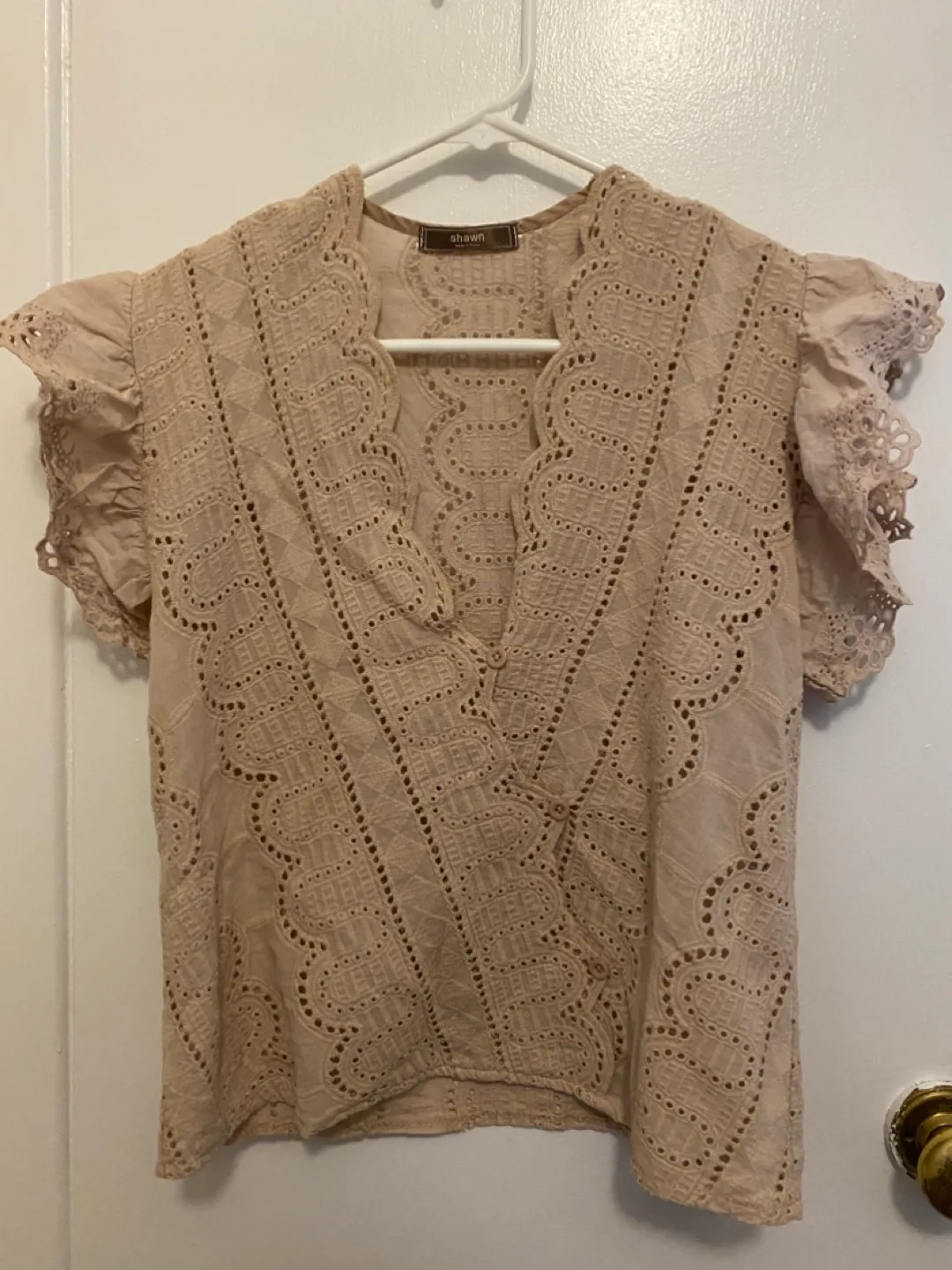 Light Brown Eyelet Top with Ruffle Sleeves thumbnail