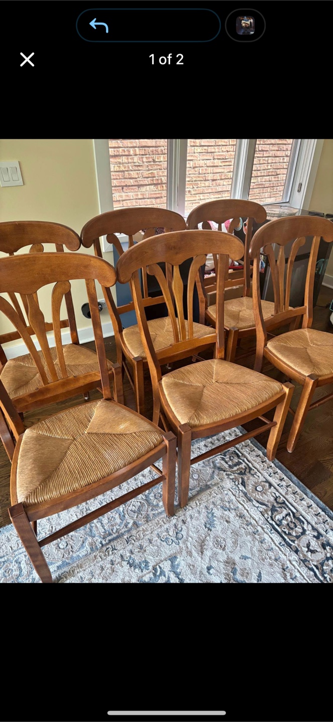 6 wood woven chairs . only 1 damaged . $10 each