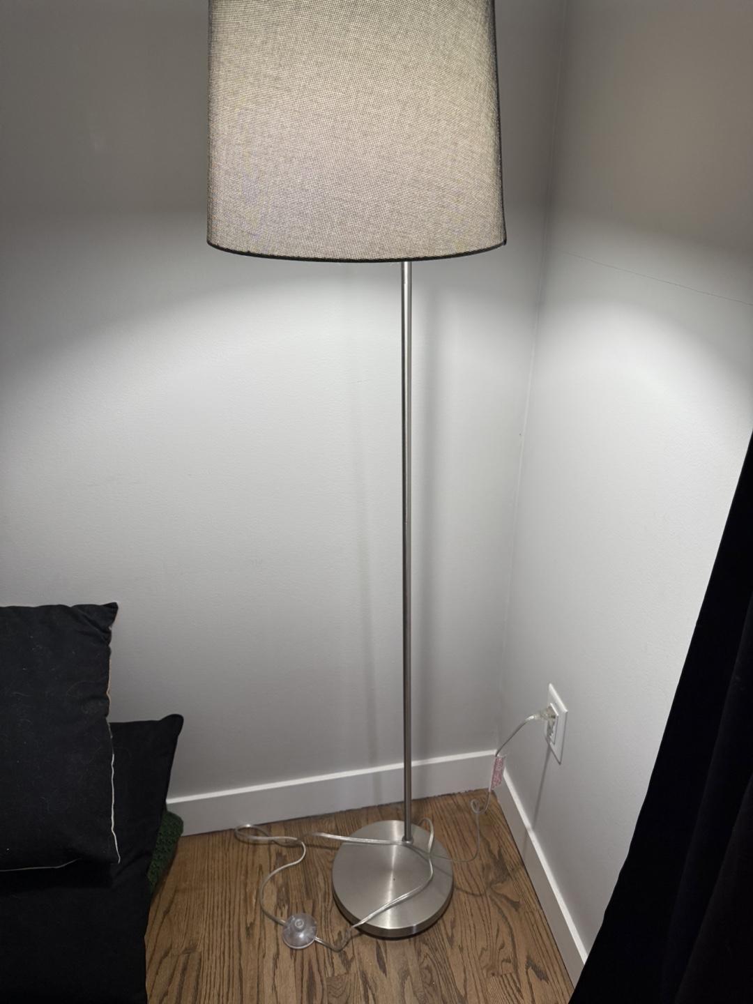 Floor Lamp: 56" H Brushed Steel Floor Lamp grey linen shade
