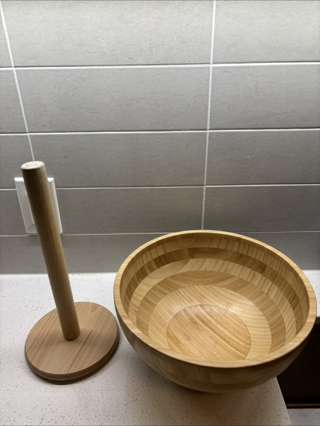 IKEA Bamboo Serving Bowl + Paper Towel Holder + Glass Bottles