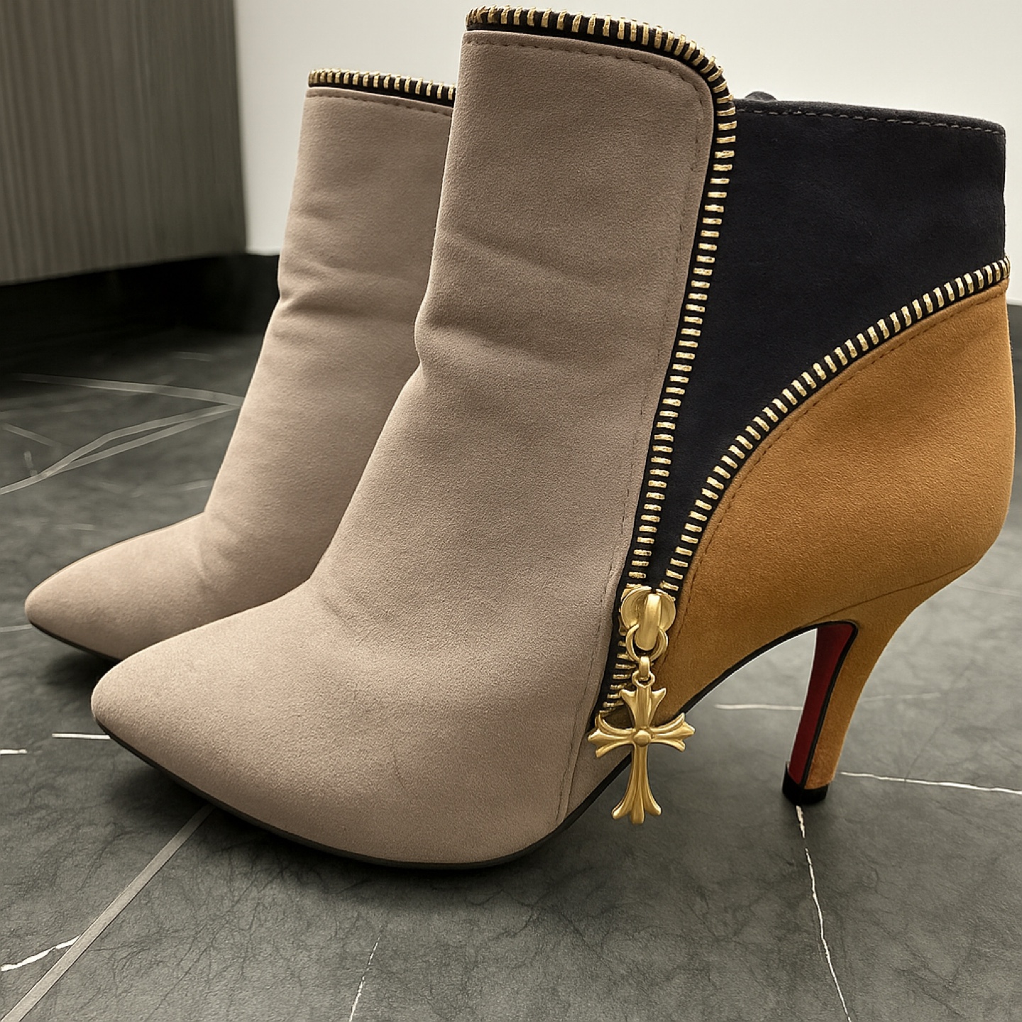 Woman Red Sole Suede Ankle Boots –Tricolor with Gold Zipper - photo 2