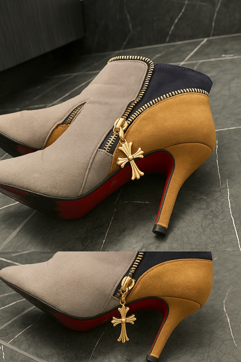 Woman Red Sole Suede Ankle Boots –Tricolor with Gold Zipper - photo 3