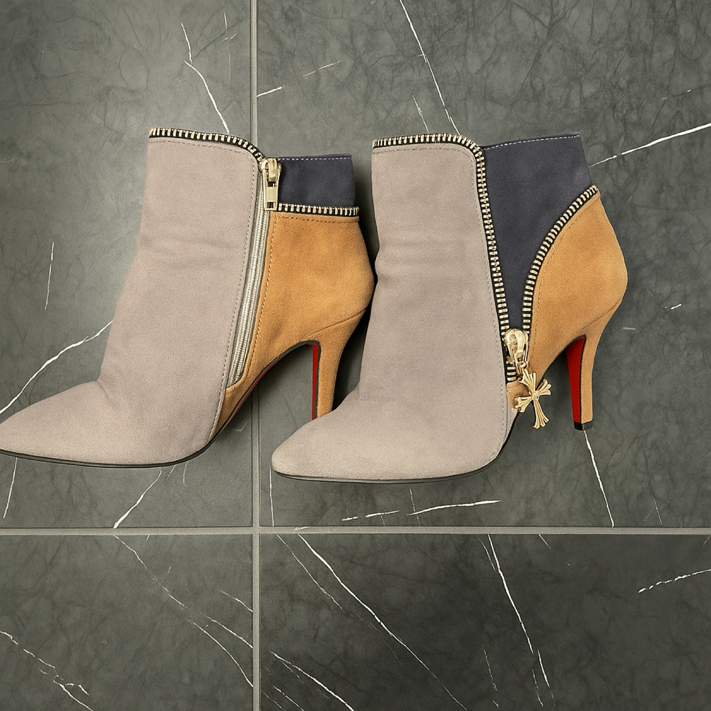 Woman Red Sole Suede Ankle Boots –Tricolor with Gold Zipper