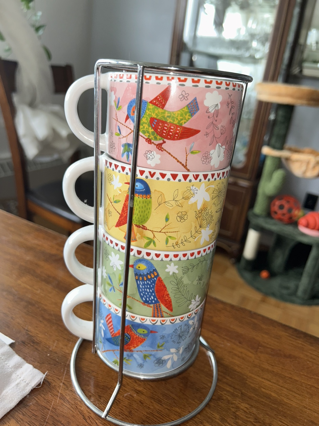 Stackable Bird Mugs with Metal Rack