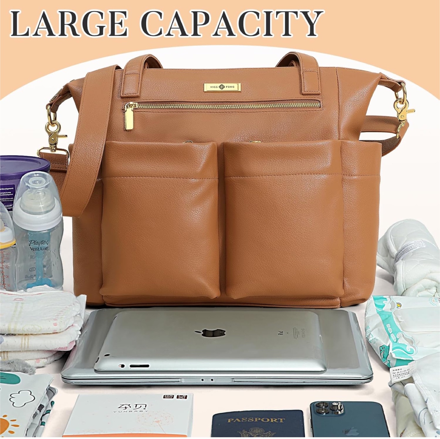 Miss Fong Brown Diaper Bag - Large Capacity, Waterproof