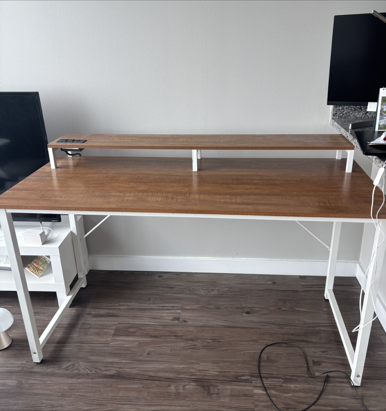 Wooden Office Desk with Raised Monitor Shelf