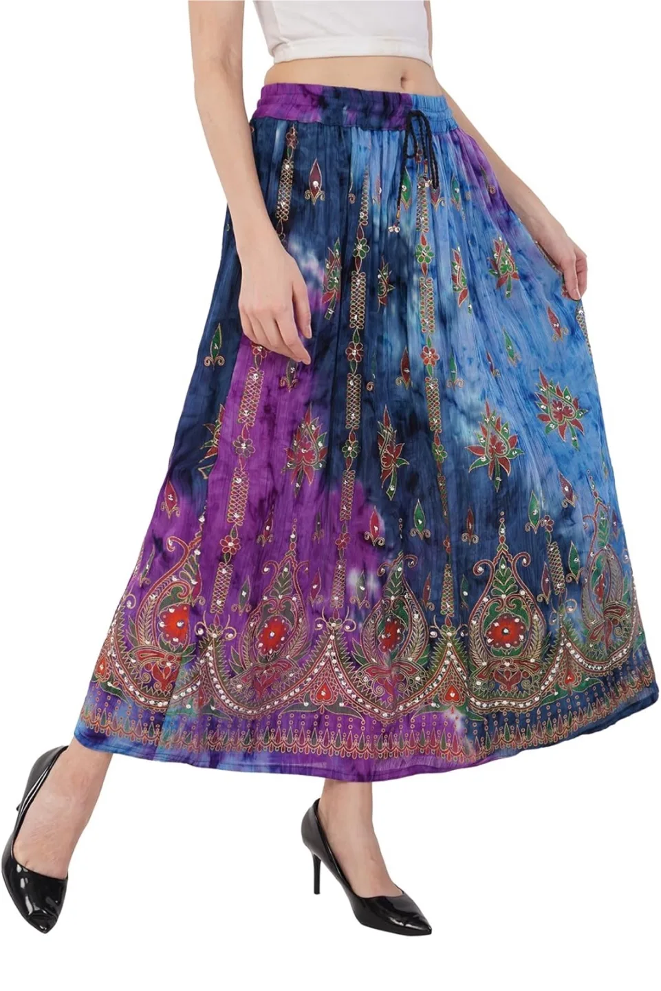 NEW! Tie Dye Sequin Crinkle Broomstick Gypsy Yoga Maxi Skirt thumbnail