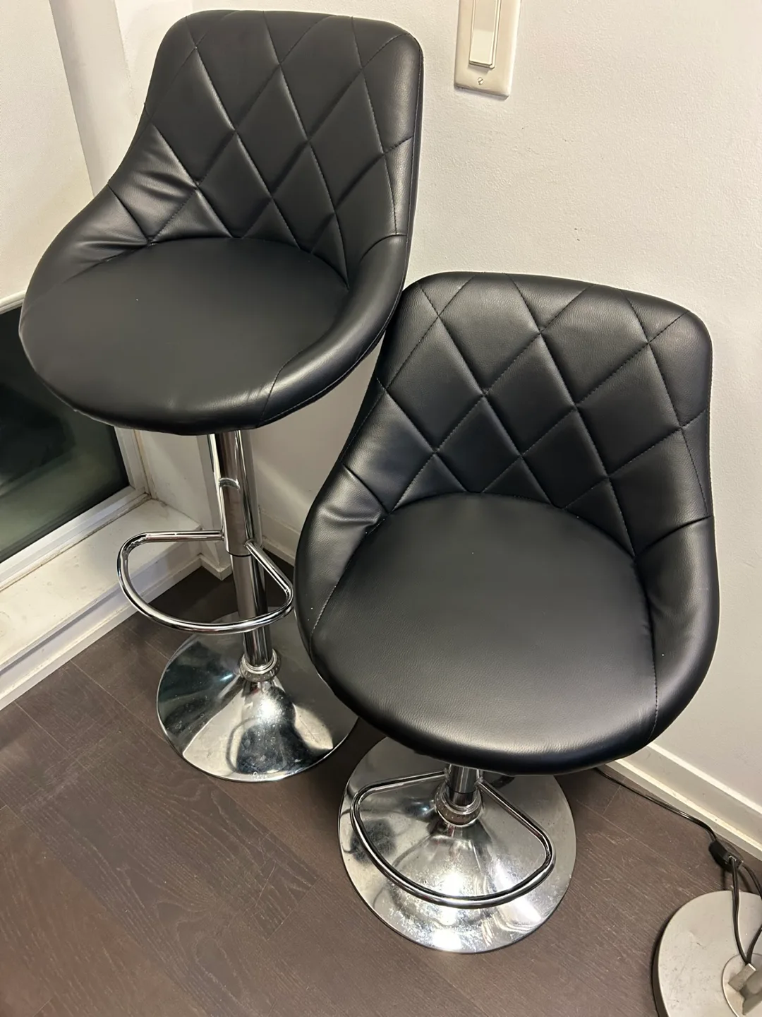 Pair of Black Leather Bar Stools with 360° smooth swivel thumbnail