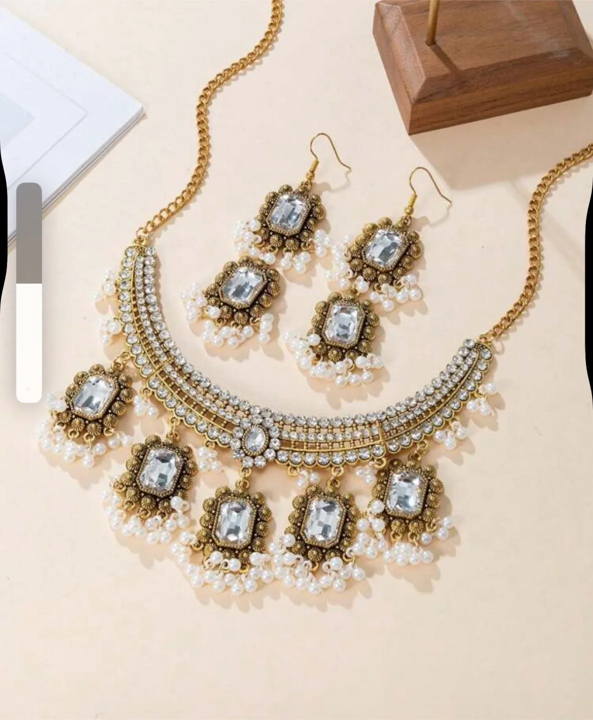 Gorgeous Gold and White Jeweled Necklace and Earring Set thumbnail