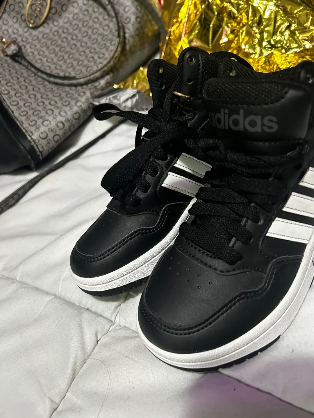 Adidas Black and White High-Top Sneakers thumbnail