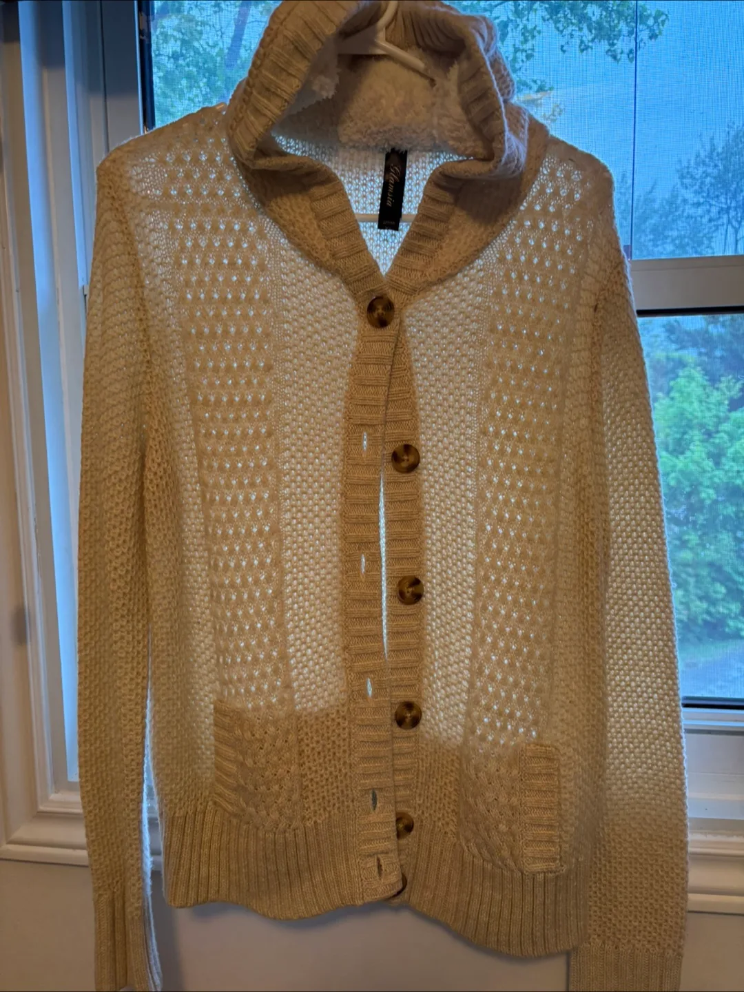 Cream Button-Up Knit Cardigan with Hood image indicator(2)