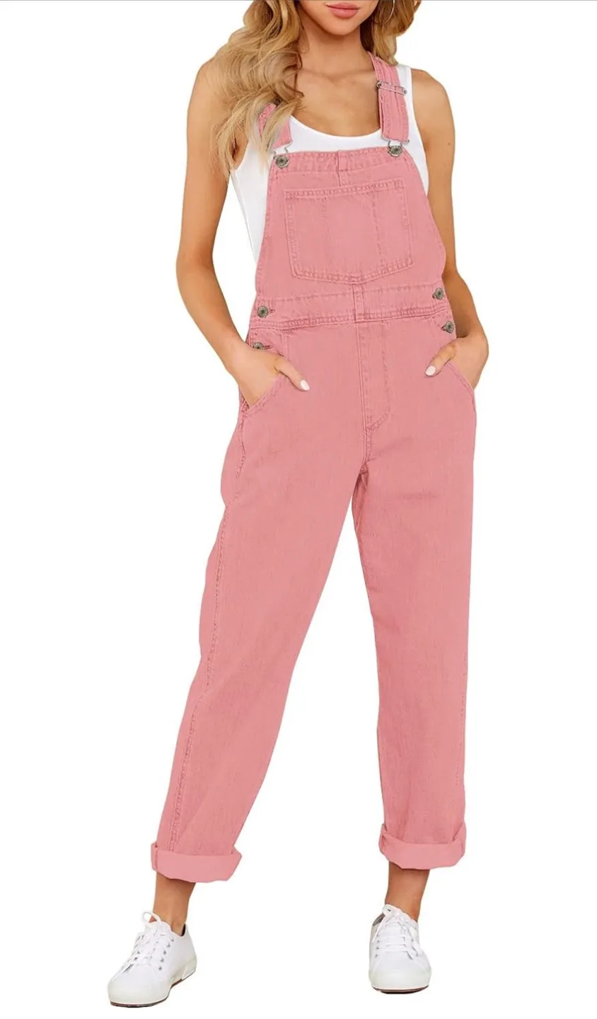 NEW! Stretchy Adjustable Pink Denim Bib Overalls  Jumpsuit thumbnail