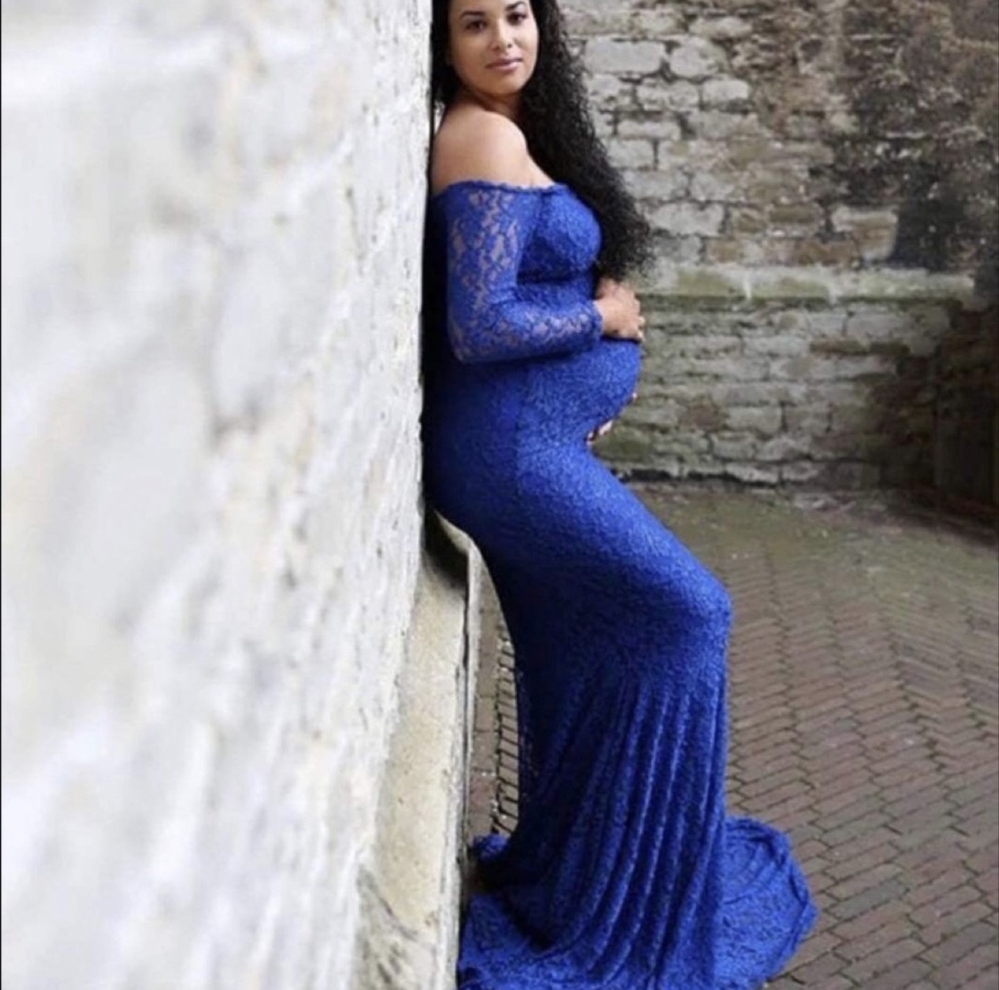 Blue Lace Off-Shoulder Maxi Dress maternity