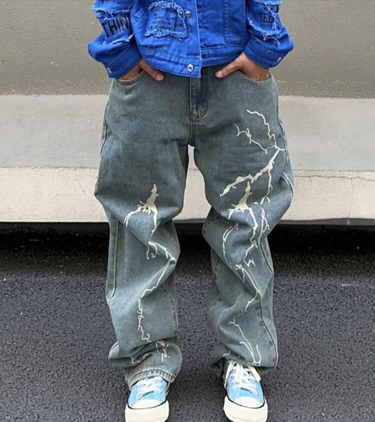 Vintage Denim Jeans with Lightning Design