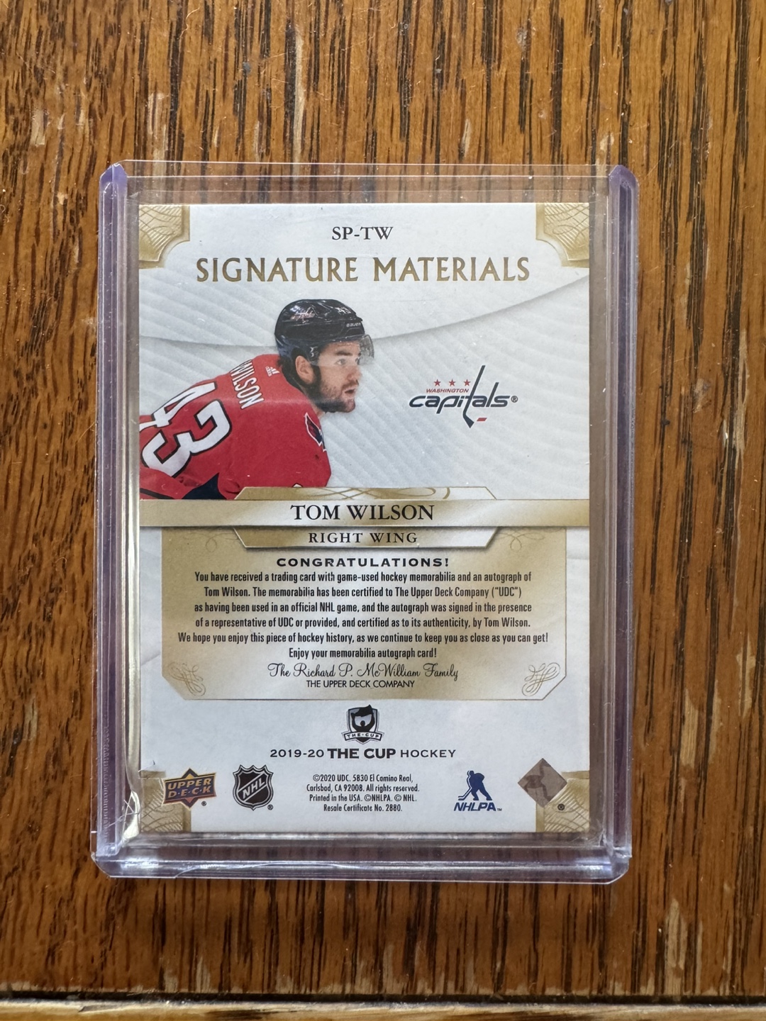 Tom Wilson Signature Materials Hockey Card - photo 2