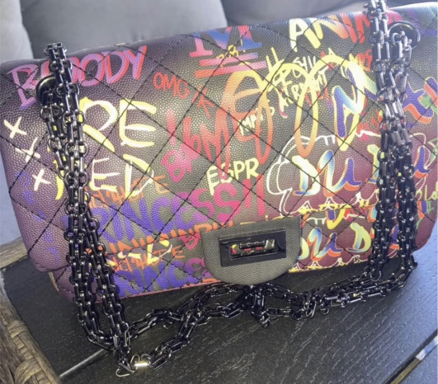 Quilted Graffiti Print Handbag