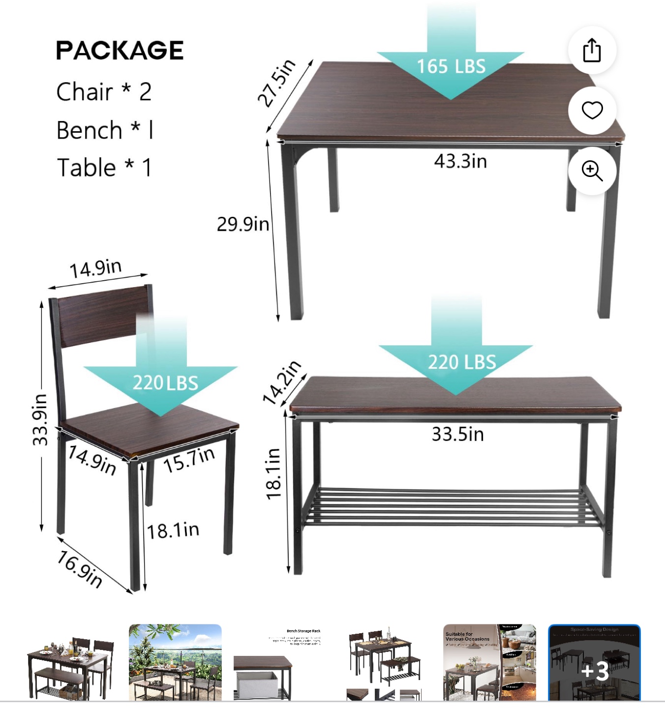 Rustic Dining Table Set with Bench and Chairs